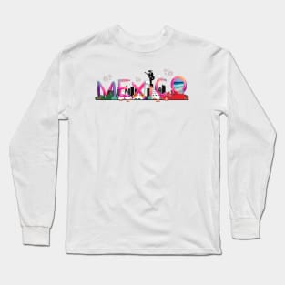 Mexico Marvels: Watercolor Lettering with Chichen Itza, Cancun Beach, and Agave Elegance Long Sleeve T-Shirt